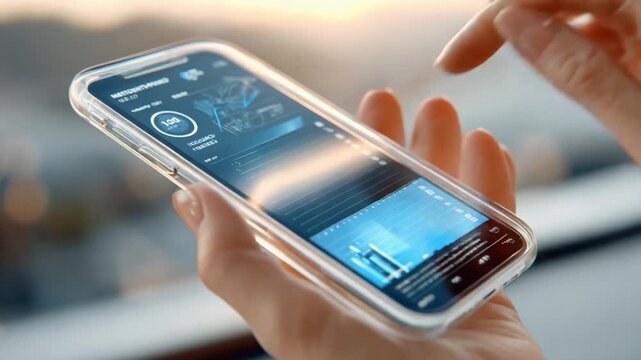 Smart Phone Interface: A close-up view of a smart phone, illuminating an app interface, held in hand, conveying the intersection of technology and personal use.
