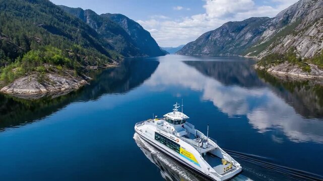 Serene Voyage Through a Fjord: A modern ferry gracefully navigates the tranquil waters of a majestic fjord, flanked by towering cliffs and lush mountains.