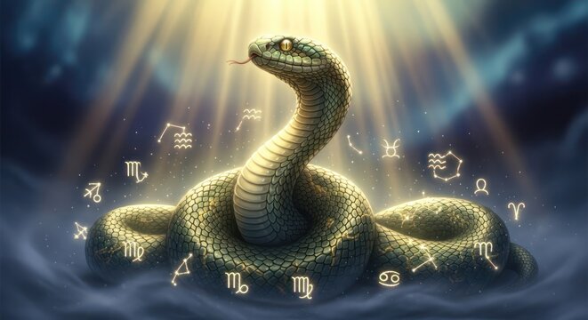 A mystical, glowing snake surrounded by astrological symbols, set against a cosmic backdrop with rays of light.
