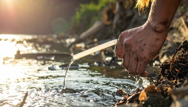 A grimy hand uses a portable water filter straw to draw clean drinking water from a polluted outdoor stream.