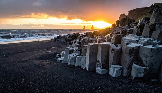 Dramatic sunset illuminates sharp basalt columns forming a wave-like pattern on a black sand beach by the ocean