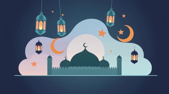 Ramadan lantern glowing softly beside crescent moon over mosque skyline animation, Starry night sky forming islamic festive greeting background, Beautiful ramadan kareem spiritual celebration .