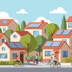 Fototapeta premium Solar panels on residential houses with people cycling