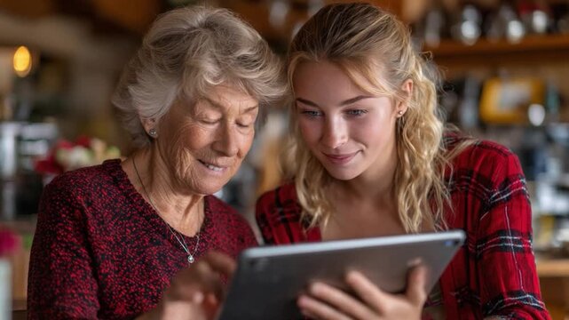 Generations Connecting: An intimate moment of intergenerational connection unfolds as a grandmother and granddaughter bond over a tablet, sharing stories and experiences in a warm, loving embrace.
