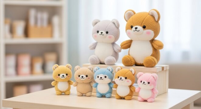 A collection of cute, plush, stuffed animals, including a bear, a cat, and a dog, arranged on a table in a cozy, homey setting with a soft, pastel color palette.