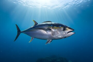 Fototapeta premium Bluefin Tuna Swimming Underwater with Sun Rays in Deep Ocean – Marine Wildlife Sea Life Scene