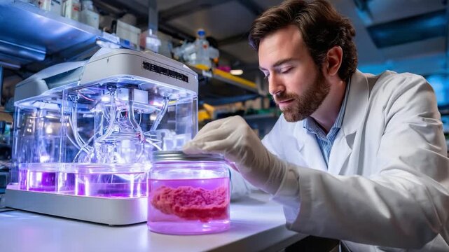 Scientific Scrutiny: A dedicated scientist meticulously examines a specimen in a laboratory setting, illuminated by the glow of scientific equipment.