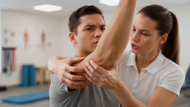 Physical therapist guiding male patient through elbow exercises for rehabilitation session