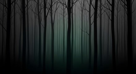 Obraz premium Misty dark forest with tall bare trees and eerie atmosphere at dusk, cinematic lighting