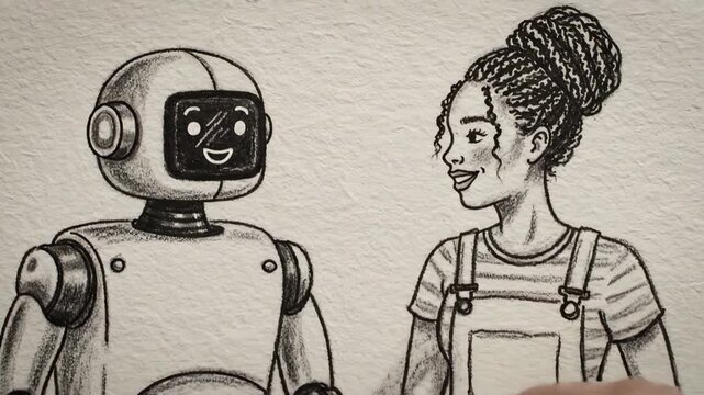 Hand erasing a pencil drawing of a robot and woman