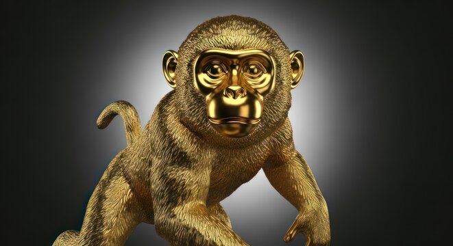 A golden monkey statue with a reflective surface, posed in a dynamic stance with one leg raised, against a dark background.