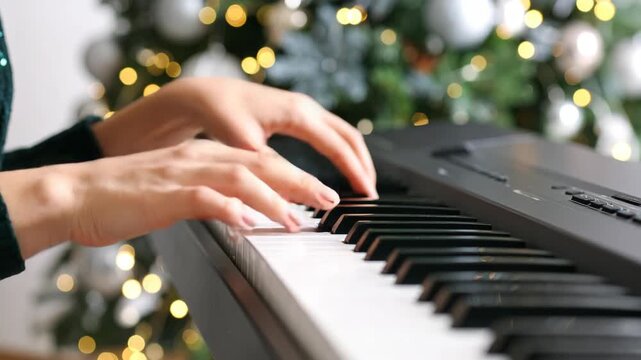 Close up woman hands playing electronic piano keyboard in front of decorated Christmas tree with lights