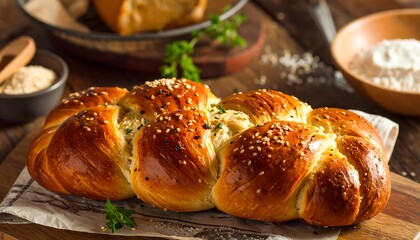 Fototapeta premium A braided bread with sesame seeds on a wooden cutting board