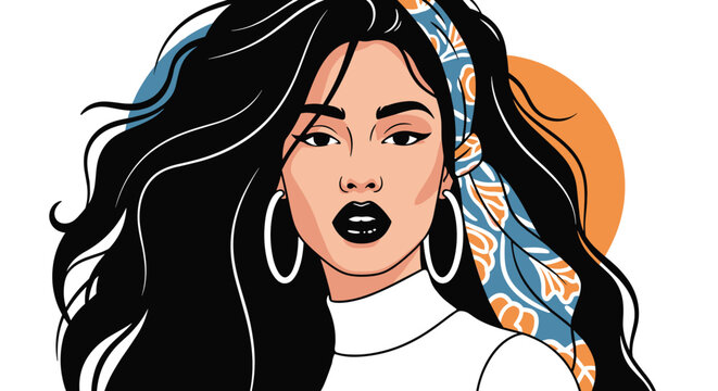 Beautiful woman with long dark hair and a colorful headscarf poses with large hoop earrings and black lipstick.