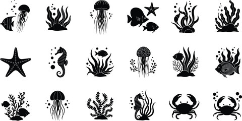 Underwater marine life silhouette icon set with fish jellyfish seahorse starfish crab coral seaweed ocean wildlife vector collection © creativeDesigner2023