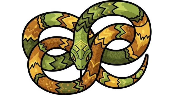 A stylized, cartoonish snake with green and yellow patterns