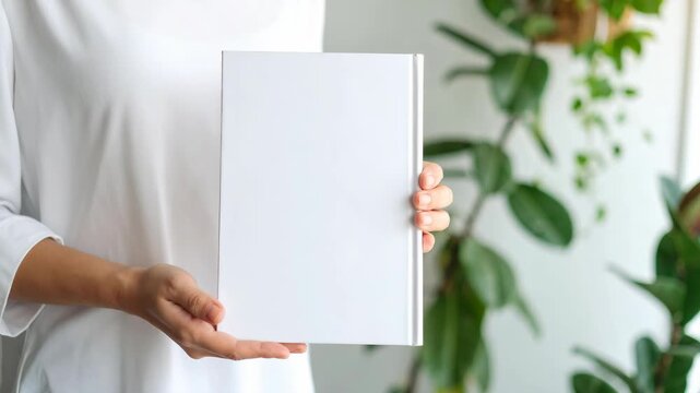 Woman in white shirt holding a blank white hardcover book mockup indoors with a green plant in the background