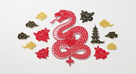 A red paper cutout of a snake with floral and cloud motifs, set against a white background.