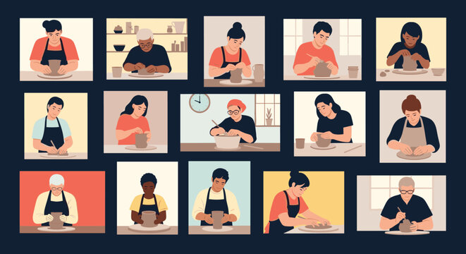 Diverse group of people participates in an online pottery class from their own home studios shown in a video call grid.