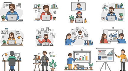 Fototapeta premium Collection of stylized people working on laptops and presenting data