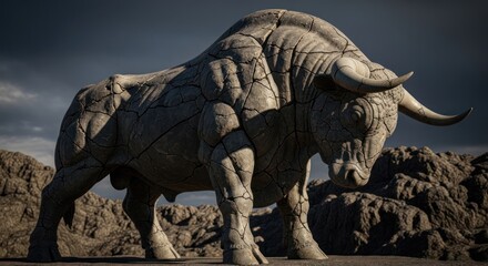 Fototapeta premium A weathered stone sculpture of a bison in a rocky landscape under a dark sky.