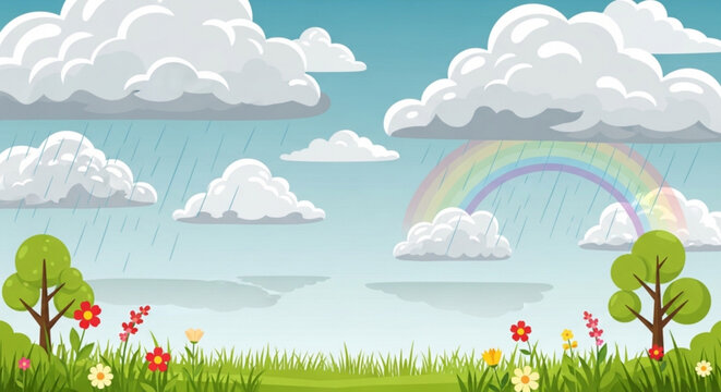 A colorful vector illustration of a rainbow appearing in the sky after a spring rain shower