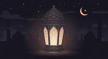 A glowing lantern stands under a starry night sky with a crescent moon © Asad