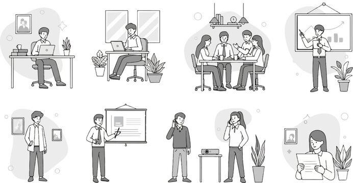 Diverse office scenarios featuring people collaborating, presenting, and working at desks
