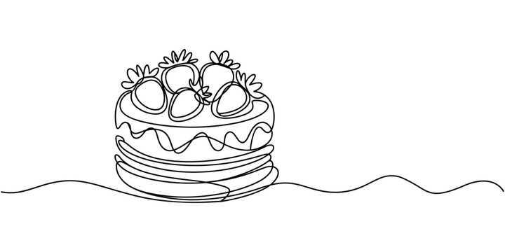 Continuous one line drawing of cake with strawberries. Hand drawn piece of cake minimalist design, caf&eacute;, bakery, confectionery concept. Vector