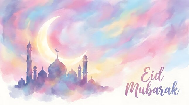Eid Mubarak Watercolor Illustration &ndash; Mosque Silhouette, Crescent Moon, and Pastel Clouds