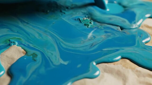 Vibrant turquoise paint washes over textured parchment paper creating a flowing abstract art design