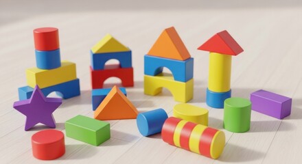 A collection of colorful, geometric building blocks arranged in various formations on a wooden surface.