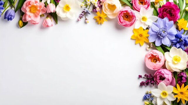 Vibrant spring floral frame with pink tulips and yellow daffodils on a clean white background