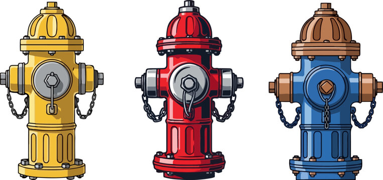 Three Fire Hydrants Yellow Red Blue Standing Isolated White Background Service Equipment