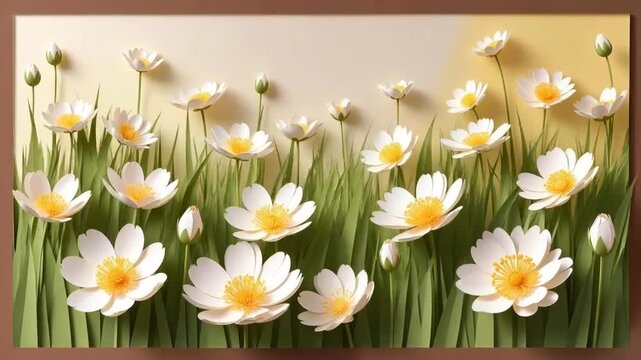 Floral Symphony: An exquisite close-up of delicate daisy flowers blossoms with vibrant petals and radiant yellow centers, amid the soft embrace of verdant foliage and gentle light. 