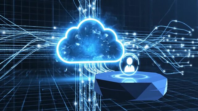 Digital Cloud Computing Network with User Icon on Pedestal, Futuristic Technology Concept