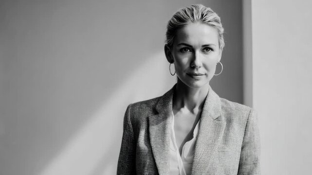 Elegant Portrait: A striking monochrome portrait of a sophisticated person exudes confidence and poise. Perfect for conveying a sense of corporate sophistication.