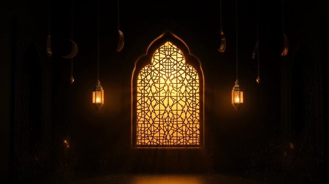 Islamic Architecture in Golden Light: An ornate, arched window in a traditional Islamic style glows with warm light, surrounded by hanging lanterns and crescent moons, creating a serene ambiance.