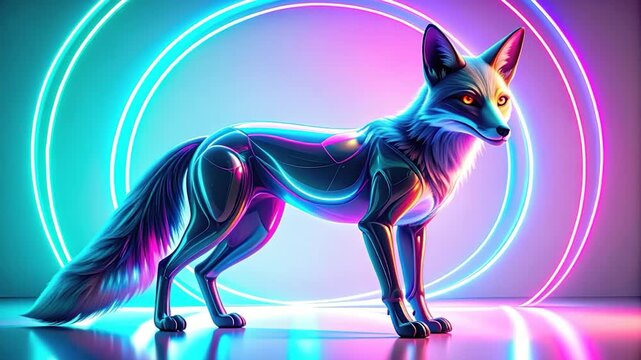 A sleek, robotic fox with glowing lines, set against neon light rings