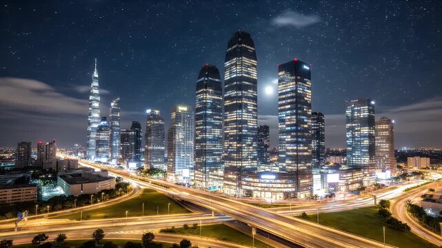 Illuminated modern skyscrapers at night with highways and cloudy sky
