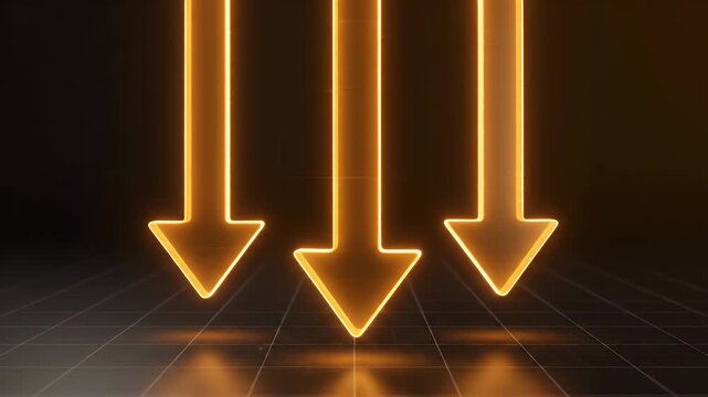 Three bright, glowing neon arrows pointing down on a checkered surface, black background