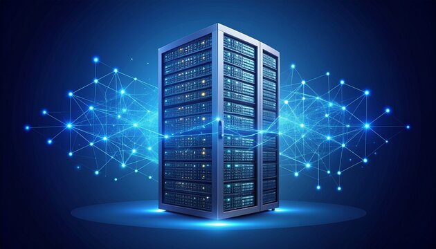 Server rack in a futuristic digital network background. Data center technology, cloud computing, information storage, and big data concept.