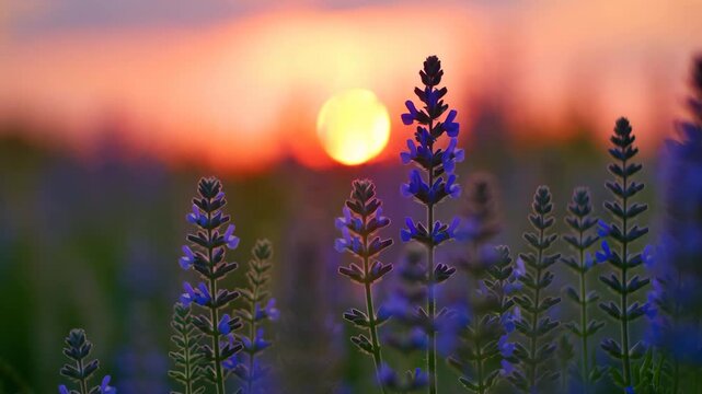 Wildflower meadow moving in the wind. Spring flowers Sunset wildflower meadow. Sunlit wildflowers in a golden field captured during sunset in late summer evening