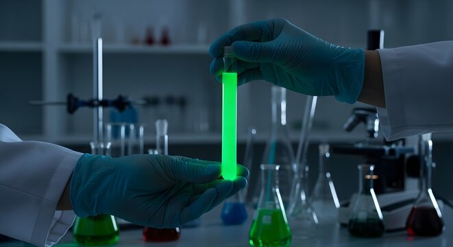 Scientists in lab coats handling glowing green test tube | Laboratory equipment and colorful liquids in beakers on table | Science and research concept with lab background