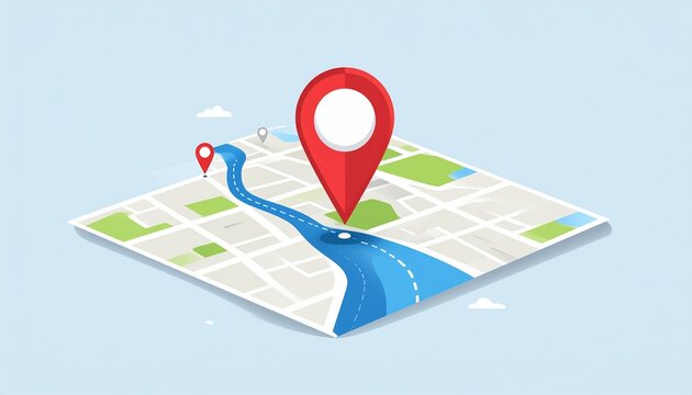 Isometric map with navigation route and red location pins, concept for travel planning, GPS, delivery, and destination finding