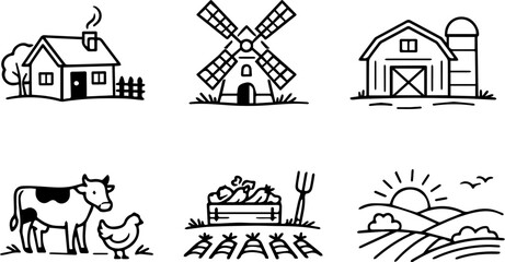 Obraz premium Farm agriculture line icon set