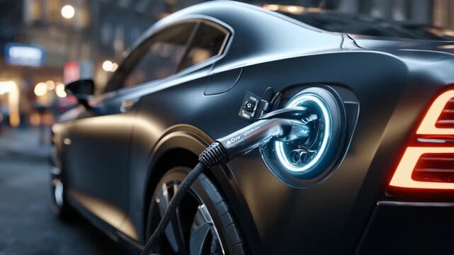 Electric Car Charging in Urban Scene: A sleek, modern electric car is depicted in a night urban setting, connected to a charging station.