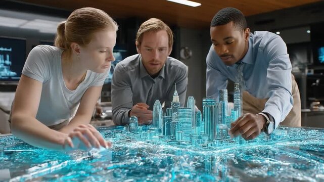 City Design Consultation: A focused team of three experts collaborates, engrossed in a detailed architectural model of a futuristic city, symbolizing innovation and planning. 