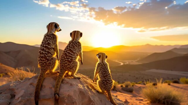 Small group of meerkats standing on a rock looking at a bright orange sunset in the African desert wilderness