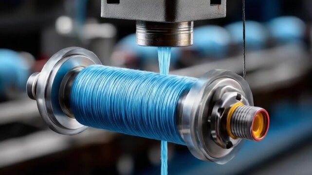 Manufacturing Precision: A close-up view of a high-tech machine precisely winding a vibrant blue fiber, a symbol of industrial innovation and meticulous craftsmanship.